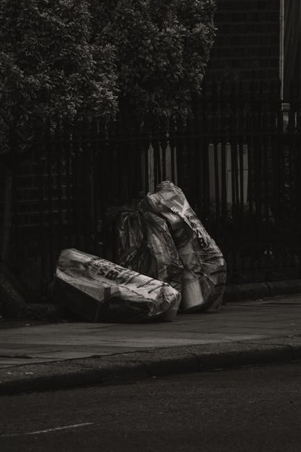 Two large black plastic rubbish bags and a flattened cardboard box are placed on the pavement near a black metal fence, with a dense shrubbery visible behind the fence. The rubbish bags appear to be l